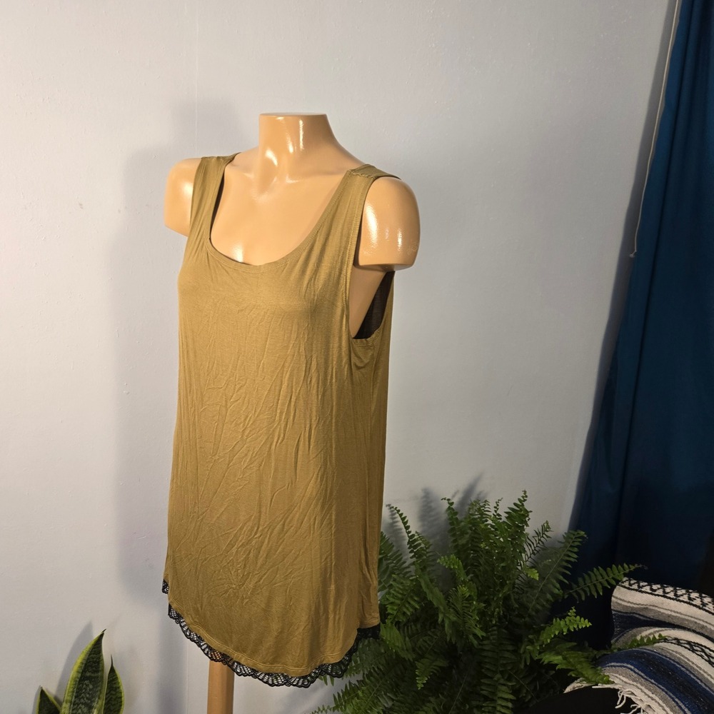 LOGO by Lori Goldstein Layers Womens Tank Top Tunic Lg Gold Lace Trim Scoop Neck